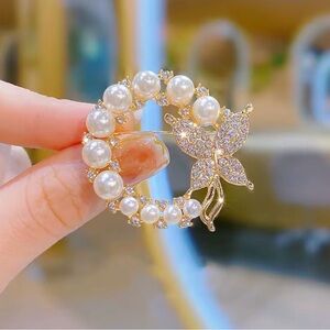 Anthropologie Gold and Pearl Butterfly Brooch